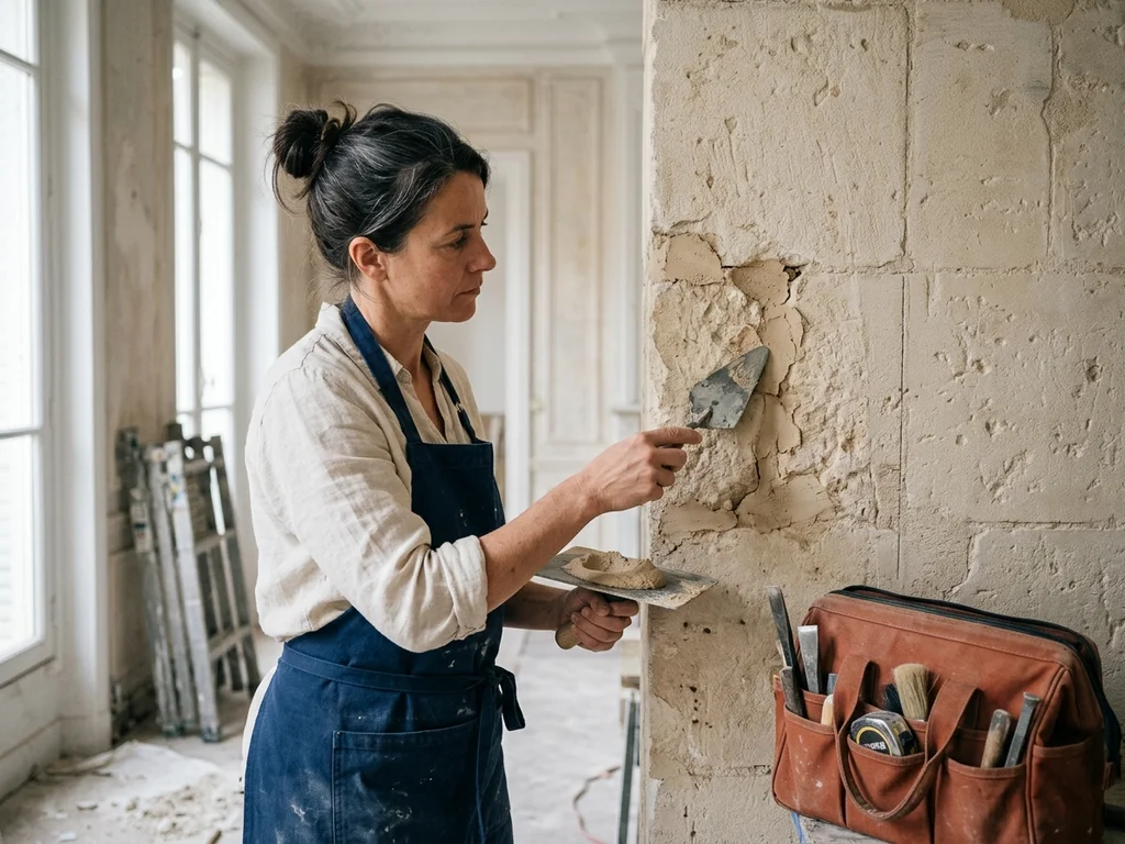 Artisane restaurant avec précision un mur ancien pour illustrer la méthode de rénovation immobilière.