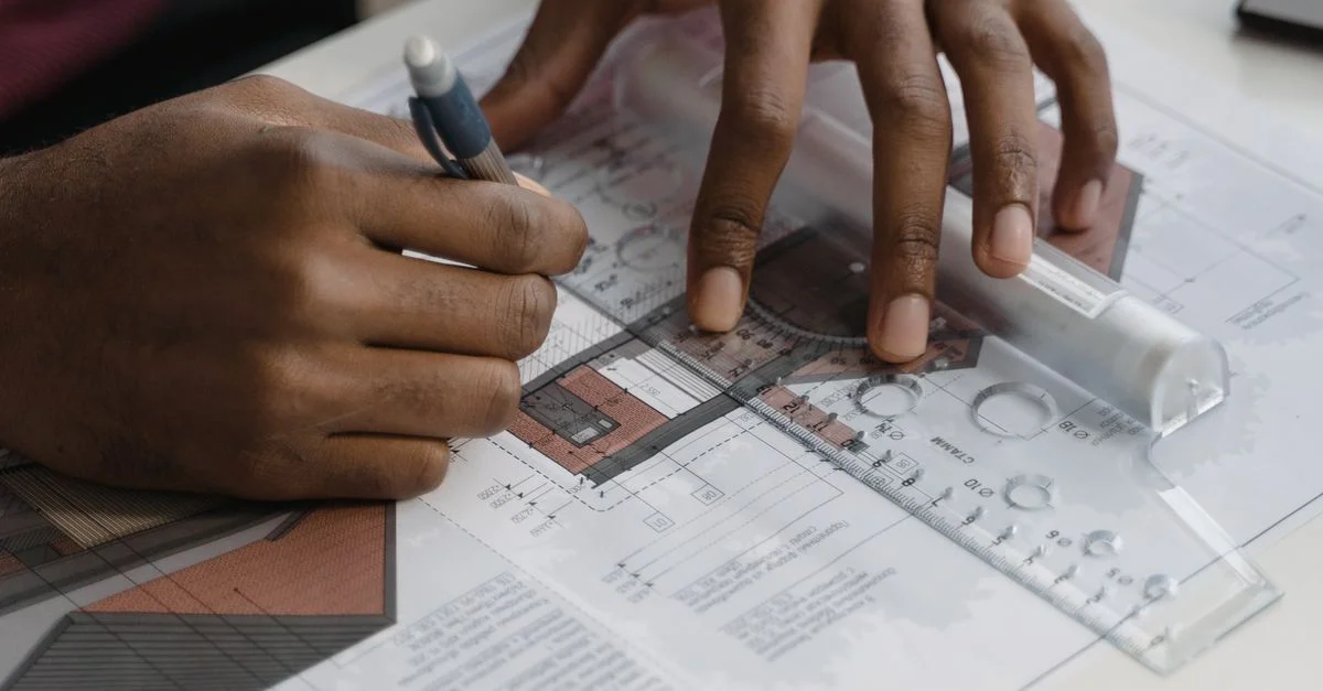 Gros plan sur les mains d'un architecte dessinant des plans avec une règle et un crayon, se concentrant sur les détails de design complexes.
