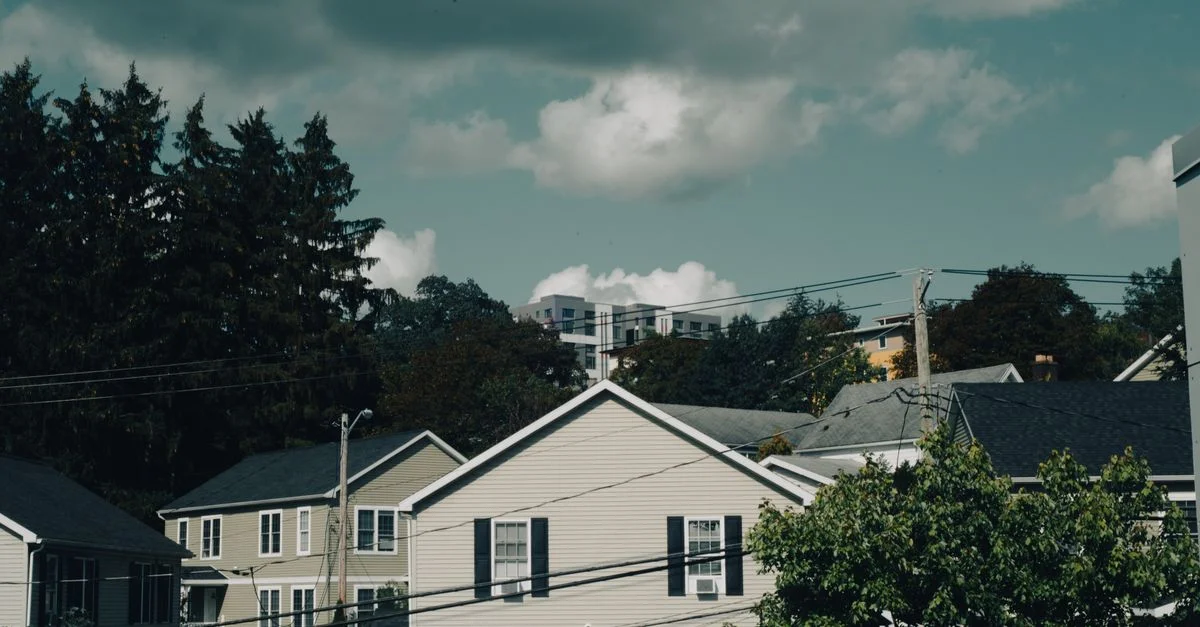 Une vue pittoresque de maisons suburbaines sous un ciel nuageux, mettant en avant un quartier résidentiel paisible.