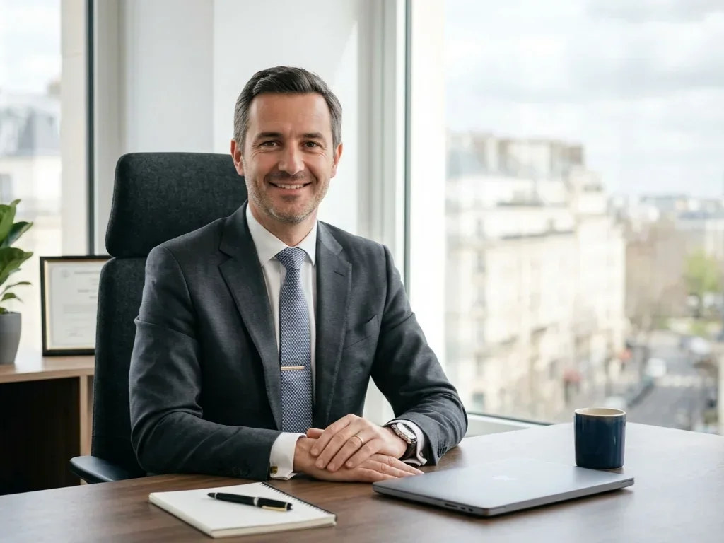 Portrait professionnel de Julien Moreau, spécialiste en finance immobilière, assis dans un bureau lumineux et sobre.
