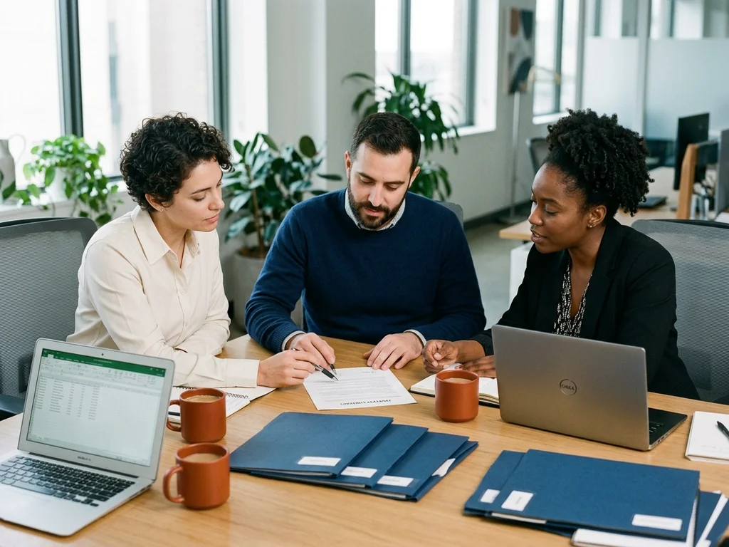 Équipe de conseillers immobiliers collaborant autour de dossiers et d'ordinateurs sur une table en bois.