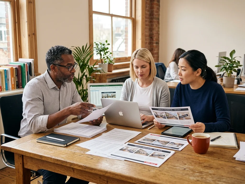 Équipe de rédaction analysant des annonces immobilières sur un bureau en bois clair.