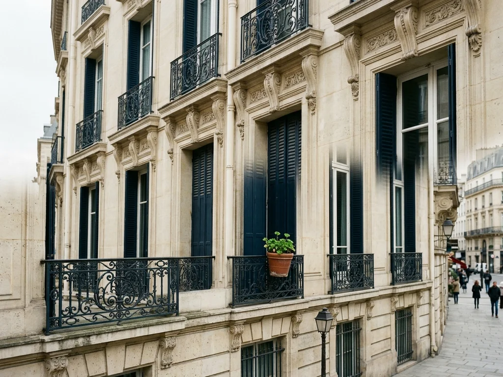 Façade haussmannienne aux volets bleu sombre illustrant la rigueur et le cadre légal immobilier.