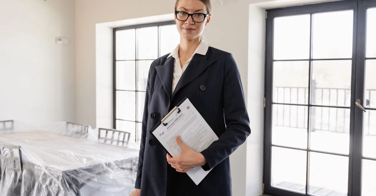 Agent immobilier confiant se tenant à l'intérieur avec des documents de propriété.